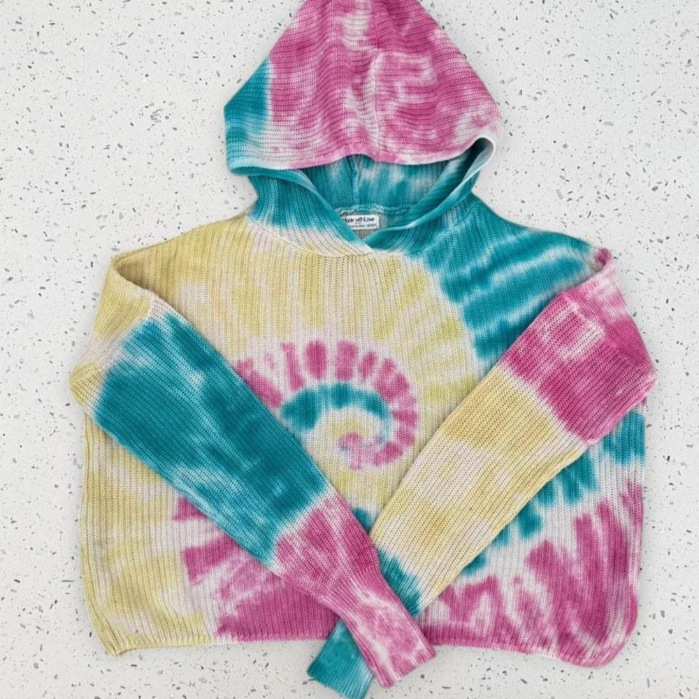 Made‎ with Love FCT Womens Tie Dye Knit Hoodie Pink Yellow Teal Cotton Cropped M